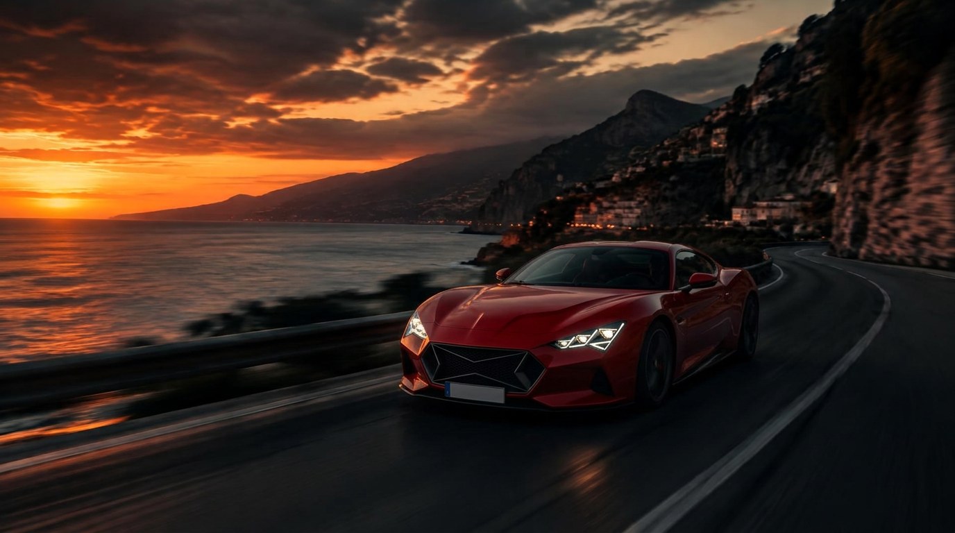 Auto sportiva rossa sulla costa siciliana